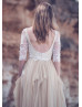 Ivory Lace Nude Tulle Open Back Chic Boho Wedding Dress